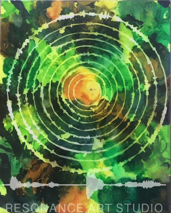 “Morning Meditation” was made with sound waves from the guided meditation we did every morning in Thailand. The colours were inspired by a flower mandala that was made by students one morning to adorn the centre of our meditation circle.