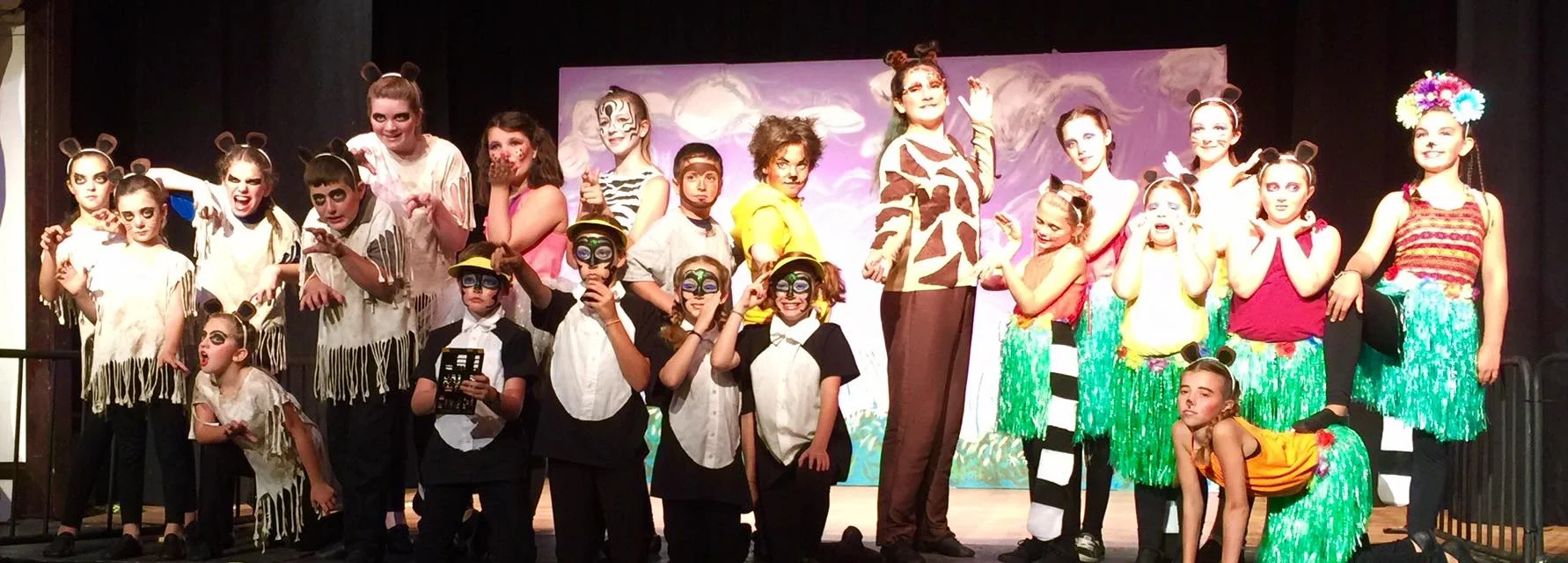 The cast in the August 2018 BRTF production of Madagascar on stage at the Grange.