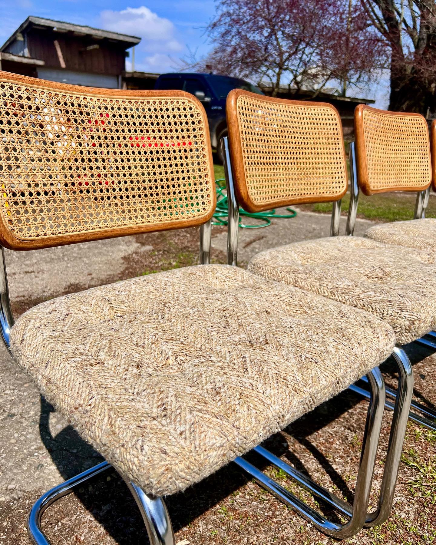 **SOLD** Beautiful set of 4 Mid-century modern chrome base and cane back dining chairs with a nice tan tweed upholstery 🙌🏼 Gotta love the treasures I find at my parents house!
 {delivery options available}