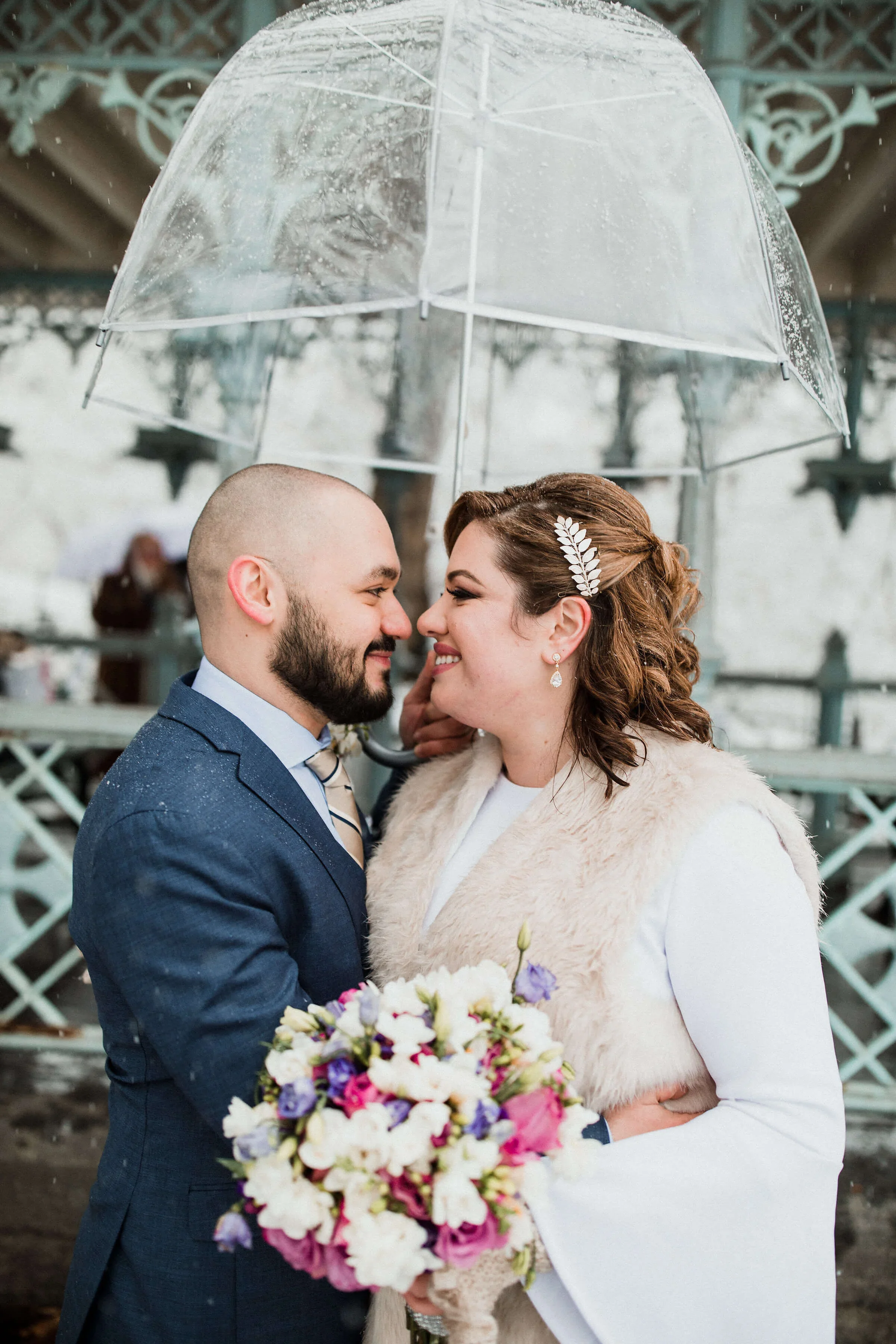 Winter Wedding Couple Under Umbrella