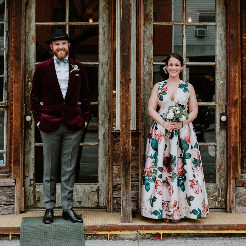 floral print a line wedding dress altered at The Wedding Dresser In New York City
