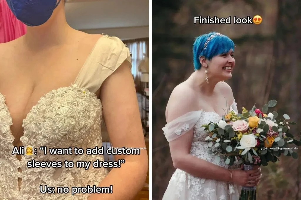 Custom sleeve for this bride's wedding dress