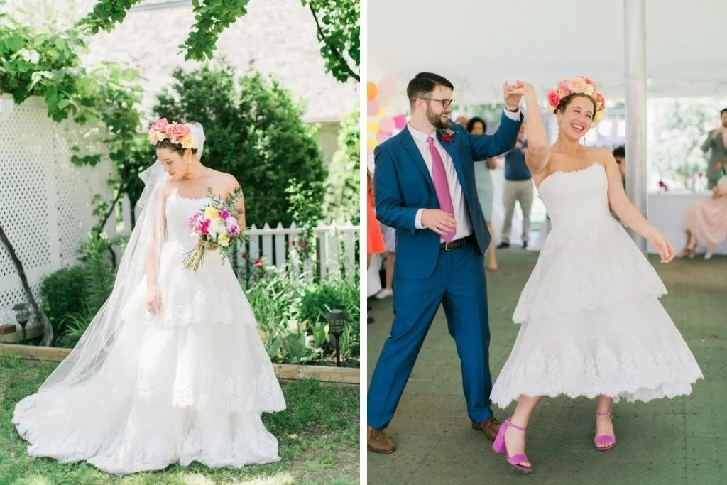 Bride wearing a custom overskirt for her wedding dress