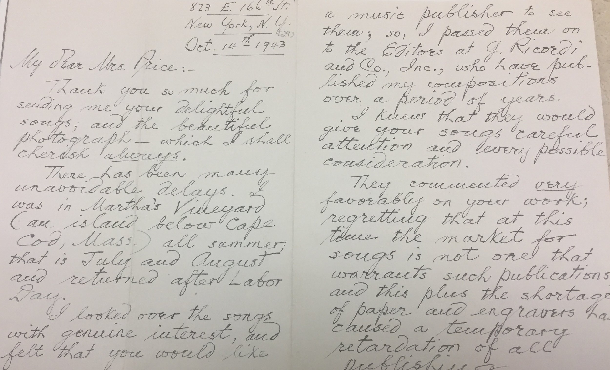 Letter from Harry T. Burleigh to Florence Price, 1943. Florence Price Papers Addendum, M988a, University of Arkansas-Fayetteville