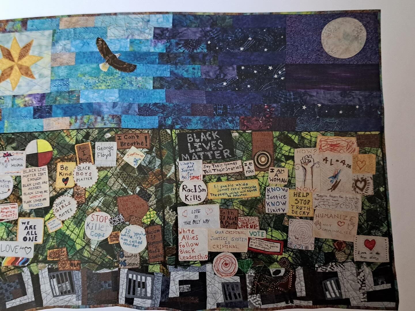 We are excited that pilgrim Mimi Goodwin will be bringing Studio To Go art activities to stops along the way! Mimi is a textile artist-activist and member of @ceasefirechoirtwincities She brings writing, drawing and sewing Justice Story Quilts into j