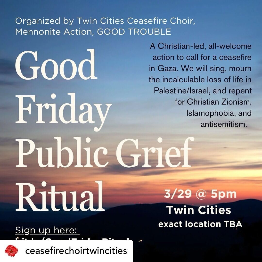 We prayed, we walked, we stood in solidarity, we rest, and we continue. Come out this Friday to a Good Friday grief ritual. Stay tuned for exact location. 

Posted @withregram &bull; @ceasefirechoirtwincities Action Alert: On Good Friday - 3/29 @ 5p 