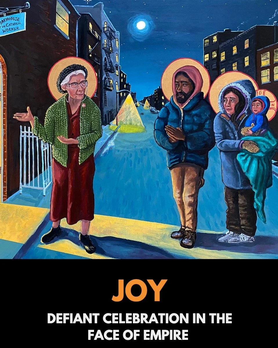 This Sunday will be the third Sunday of Advent, when we light the candle of JOY.

Like "hope" and "peace," the word "joy" has been emptied of its full power. In much of modern faith, joy has become a synonym for positivi