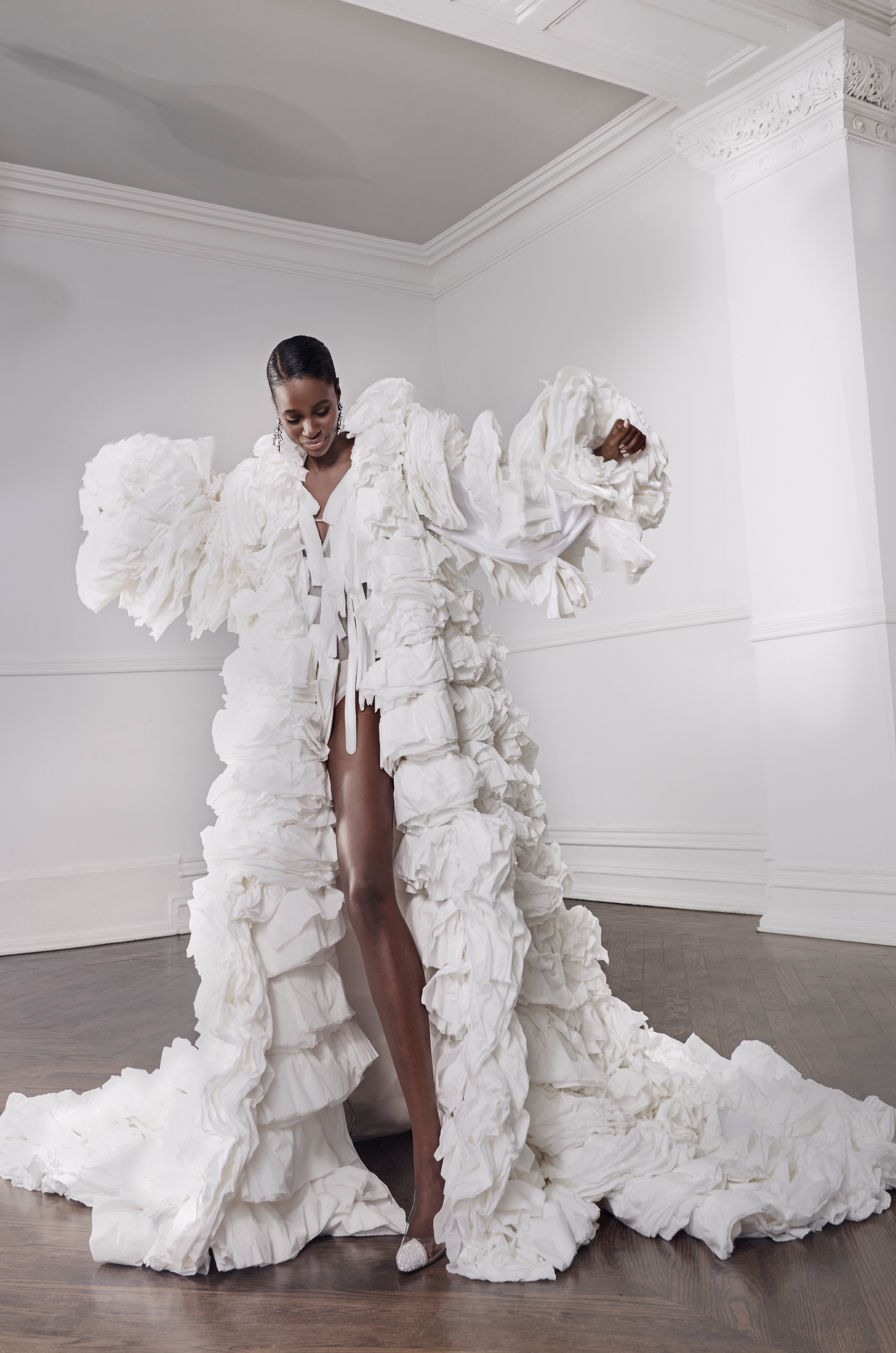 Paper Gown, Cashmere Canada, Editorial Commissioned Photography, Black model, Empty room, Campaign, Shot on Nikon