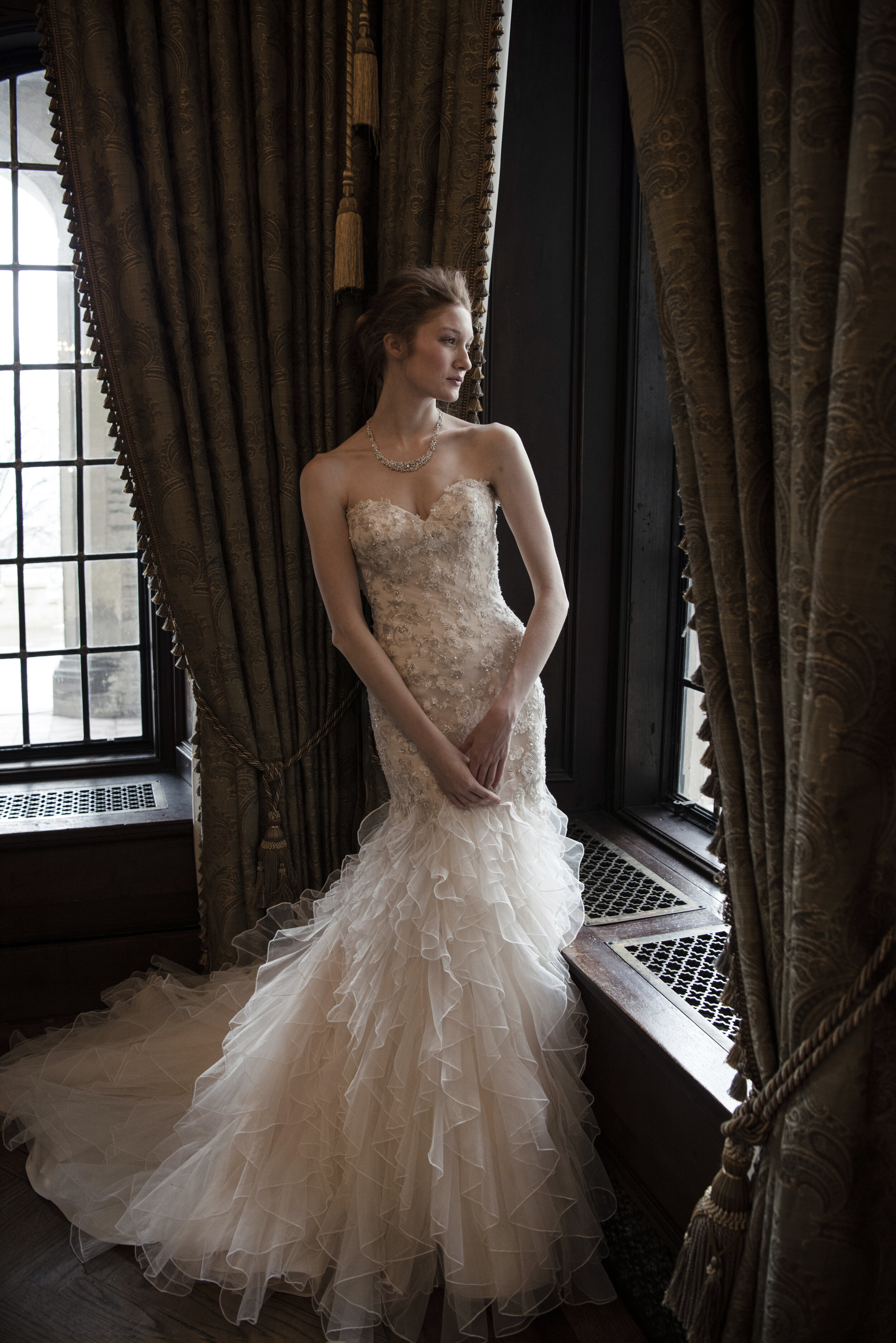 Bridal shoot, Casa Loma, Toronto, Fashion Shoot, Gown, Model by the window, shot on Nikon