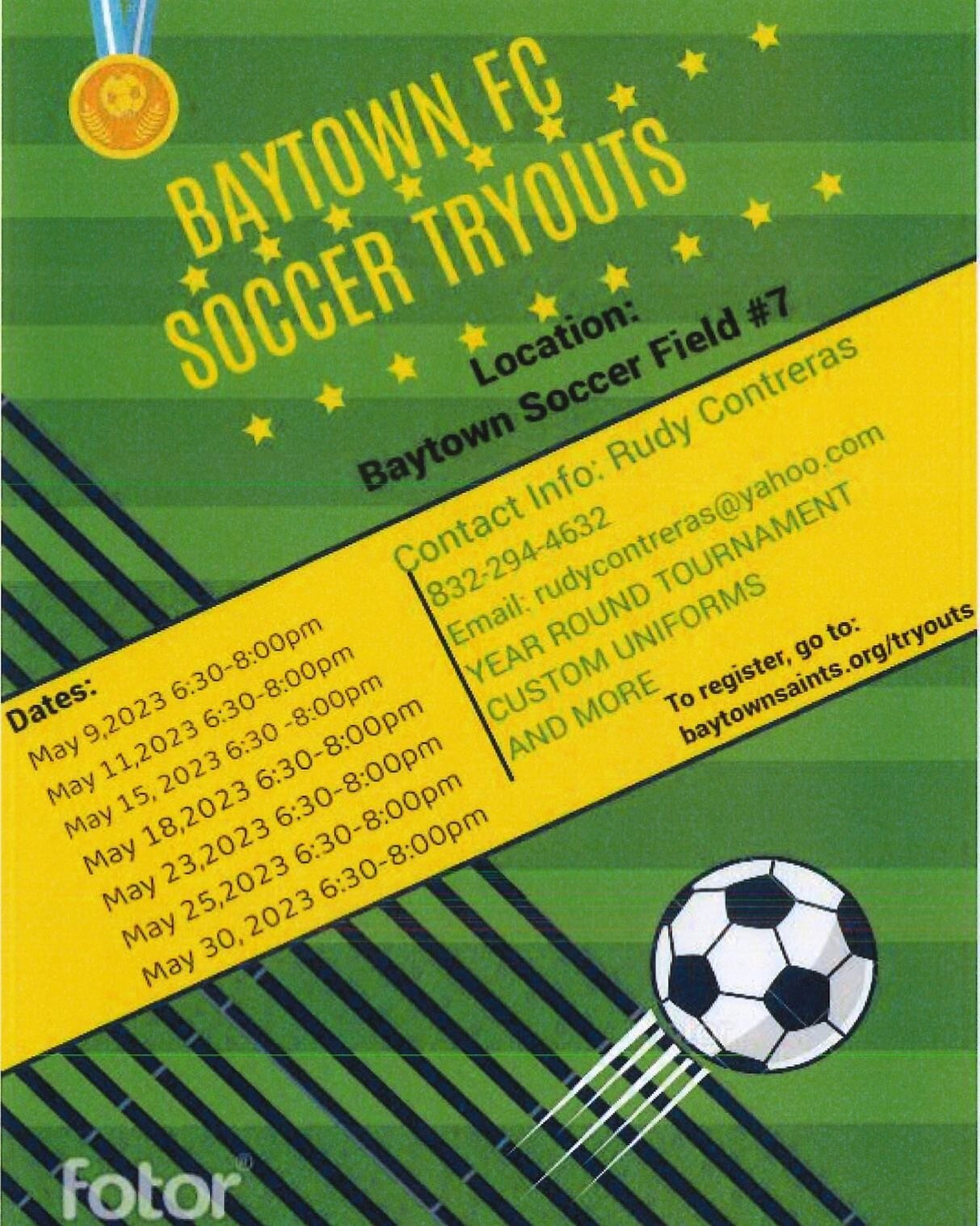 Here&rsquo;s another tryout for U11 Baytown FC

Registration is free and required.

www.baytownsaints.org/tryouts