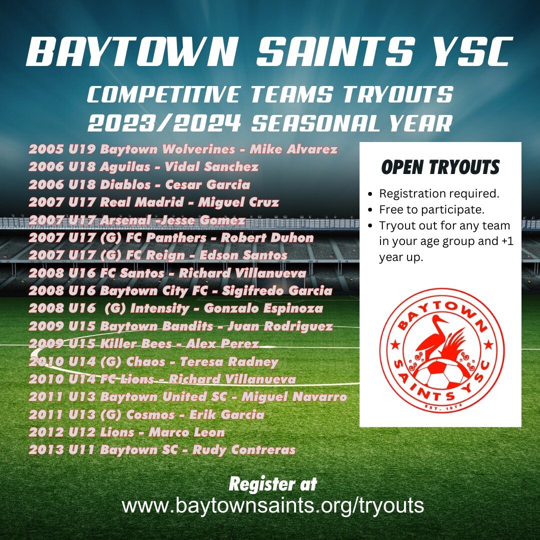 Registration for our annual club tryouts is open!

This event is open to all, free, and will take place in May &amp; June.

Tryout for any team in your age group and +1 year up. (For example, if your birth year is 2006, you are eligible to tryout for