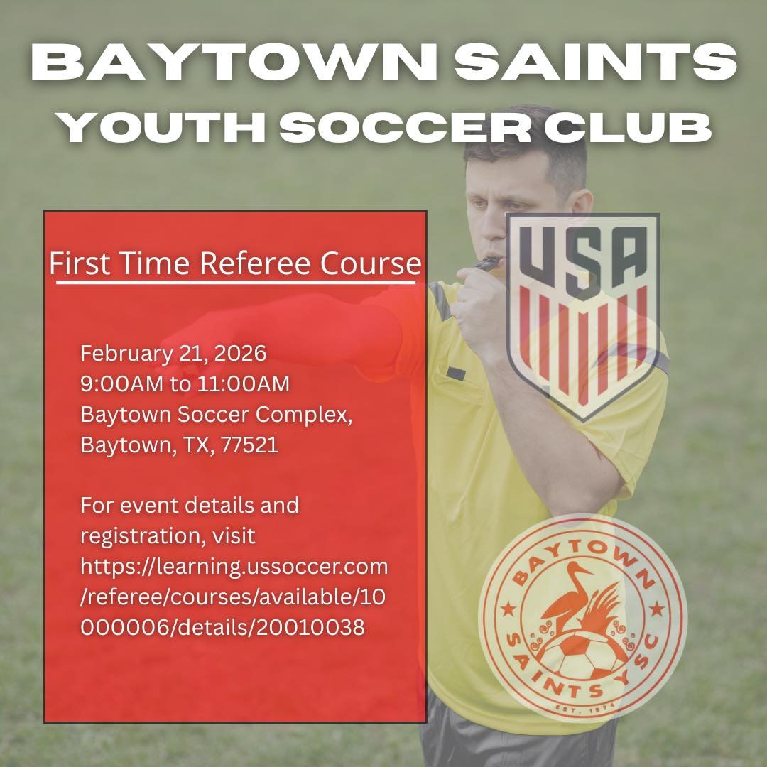 If you are interested in becoming a youth soccer referee, the first time referee license course will be hosted at our beautiful baytown soccer complex. 

For details and registration, visit
https://learning.ussoccer.com/referee/courses/available/1000