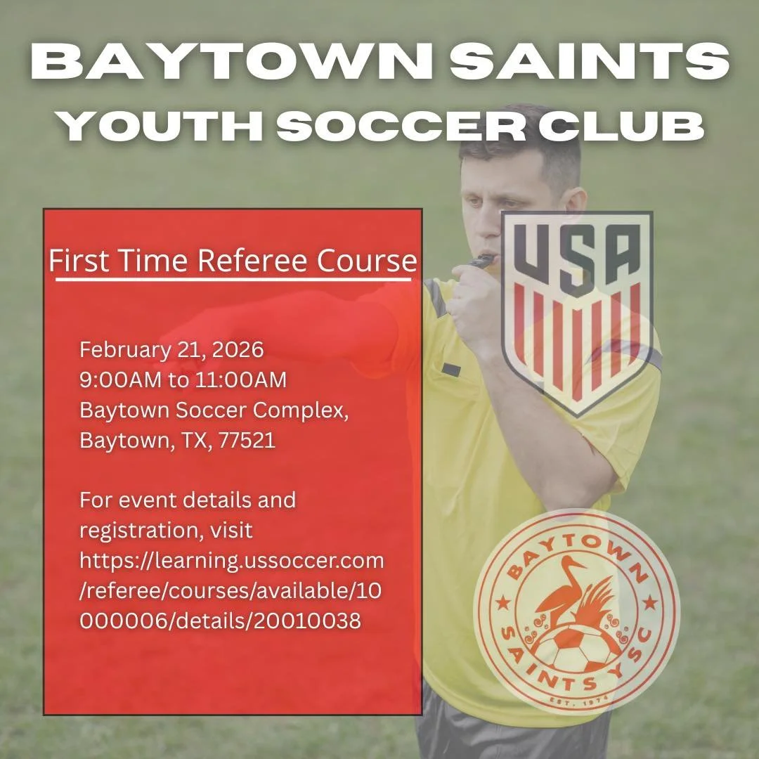 If you are interested in becoming a youth soccer referee, the first time referee license course will be hosted at our beautiful baytown soccer complex. 

For details and registration, visit
https://learning.ussoccer.com/referee/courses/available/1000