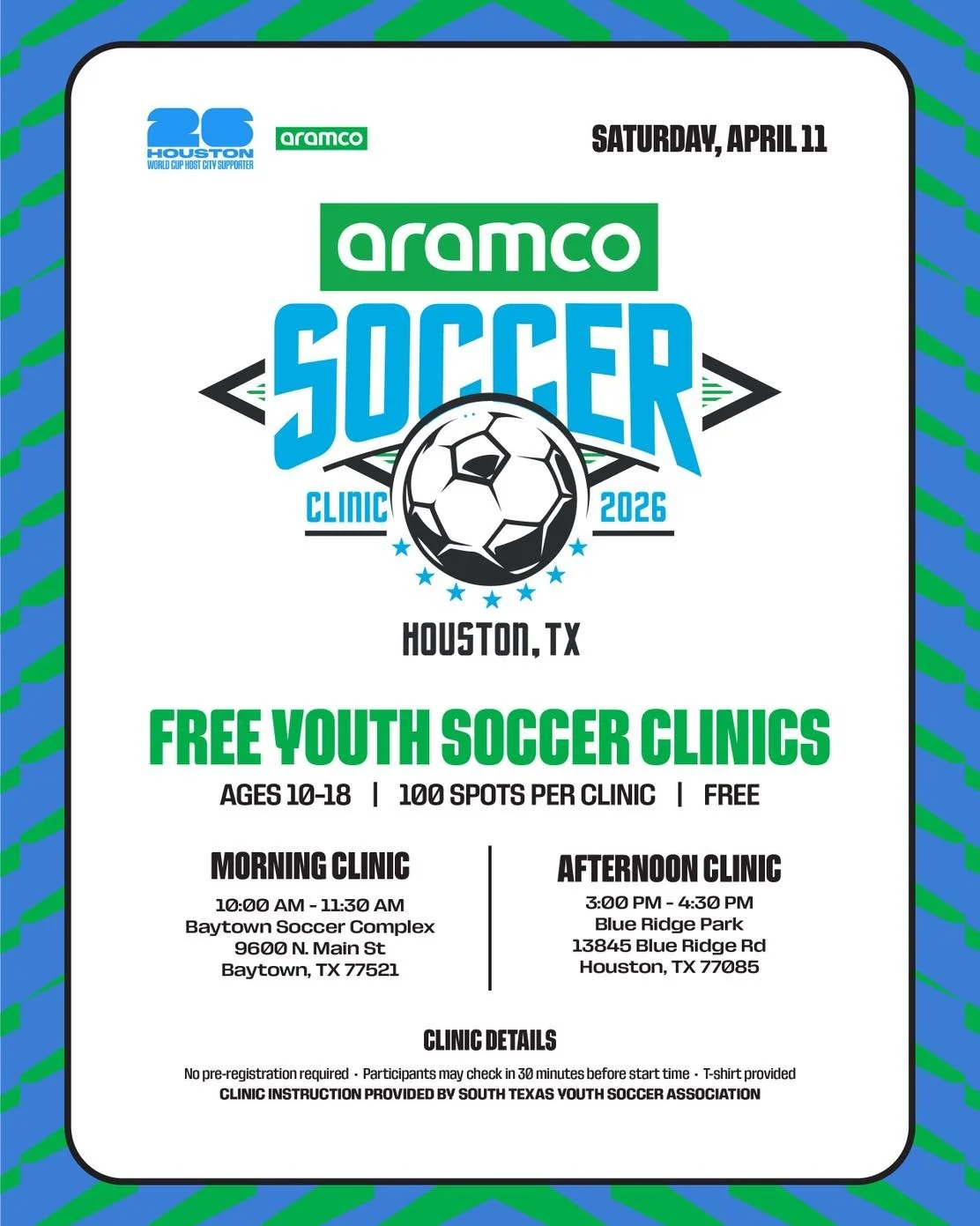 ⚽ FREE Youth Soccer Clinics &ndash; April 11! ⚽

Calling all soccer parents! Looking for a way to sharpen your player's skills without spending a dime? The Aramco Soccer Clinics are coming to the Houston area on Saturday, April 11, and the best part 