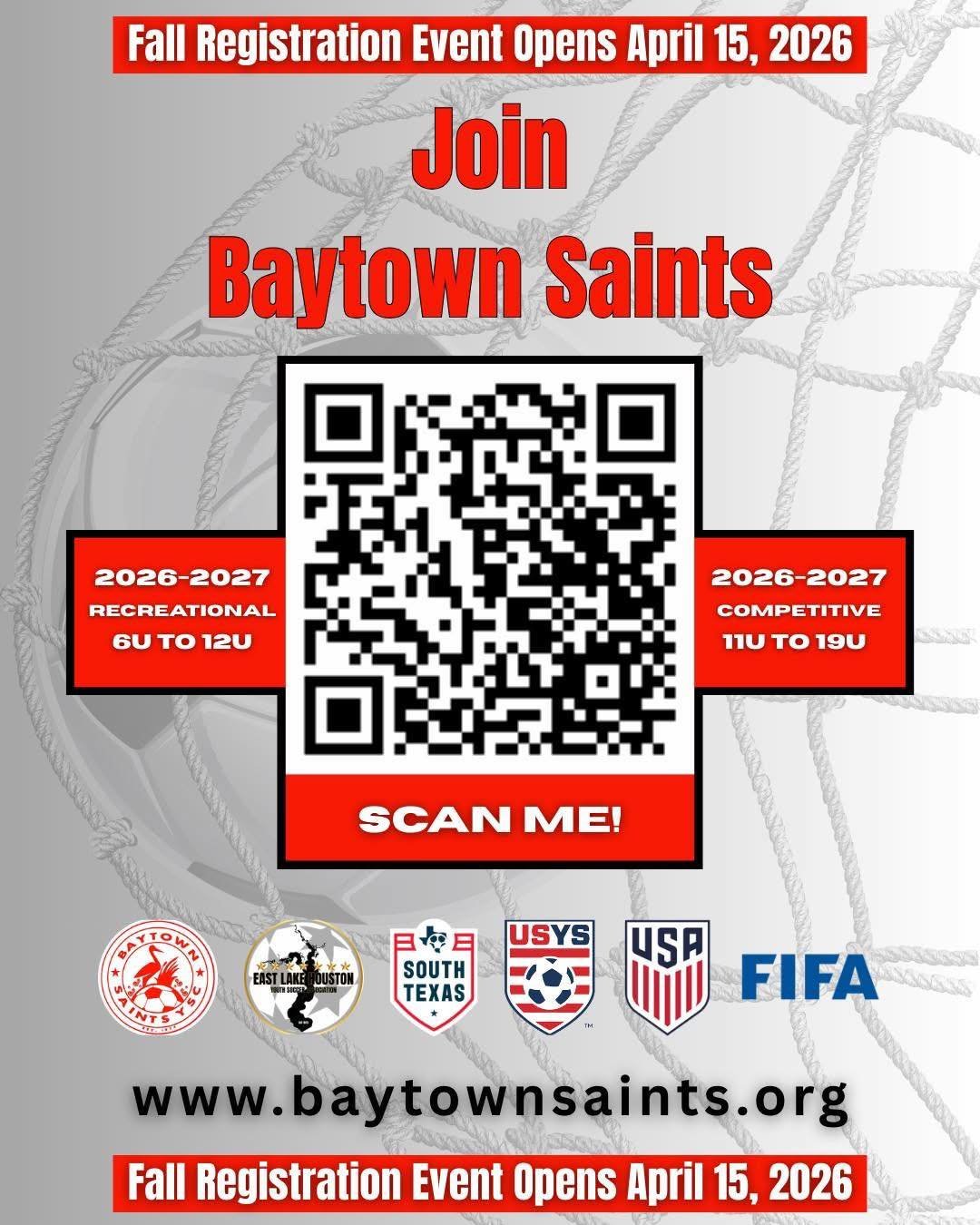 Attention Parents!

Baytown Saints Youth Soccer Club Fall 2026 Registration

If you are looking for a well-structured youth soccer club with a proven pathway for player development and dedicated volunteers, Baytown Saints Youth Soccer Club is the rig