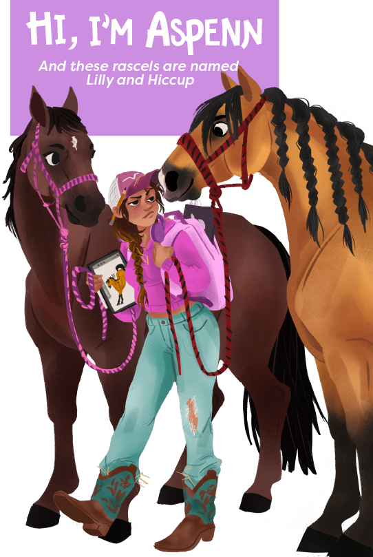 Illustration of Aspen, a girl in a pink shirt and turquoise pants, standing between two horses named Lilly and Hiccup.