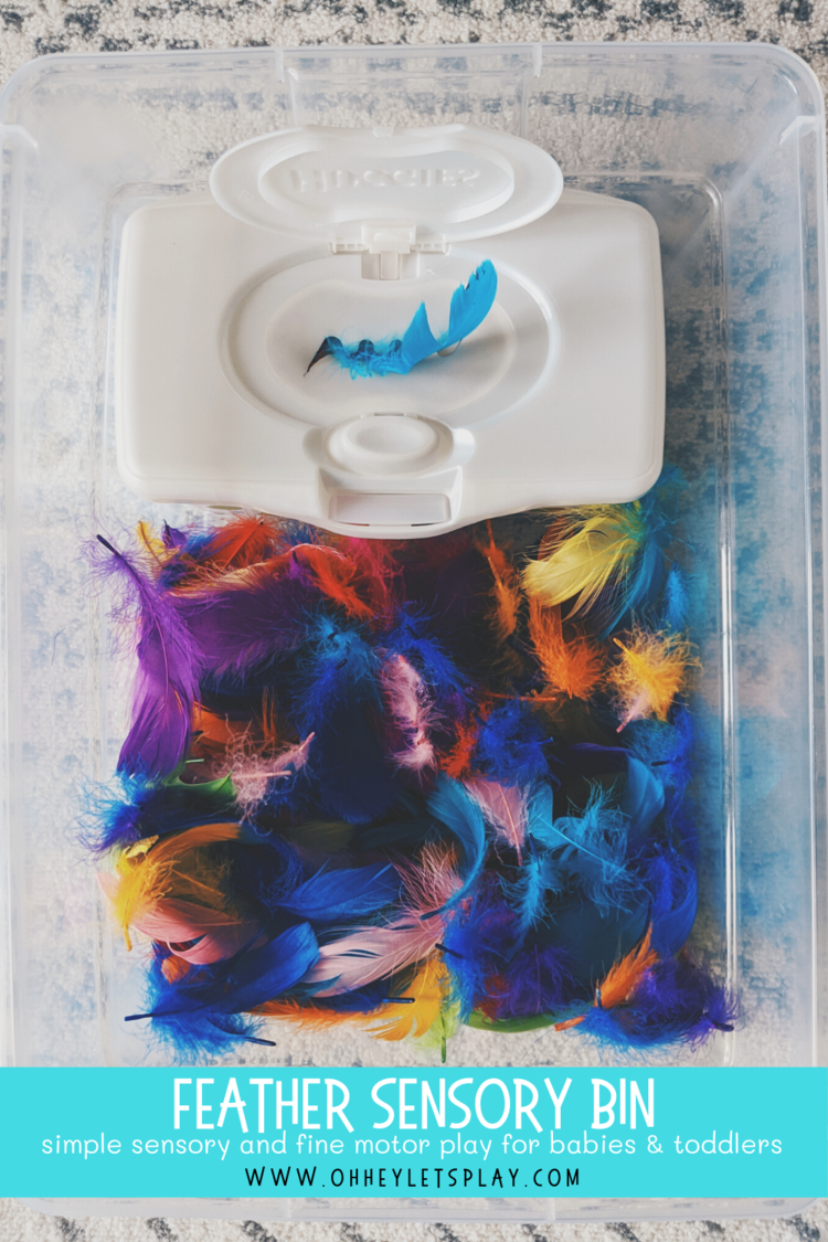 Feather Sensory Bin Simple Sensory and Fine Motor Play for Babies and Toddlers - Oh Hey Let's Play www.ohheyletsplay.com.jpg