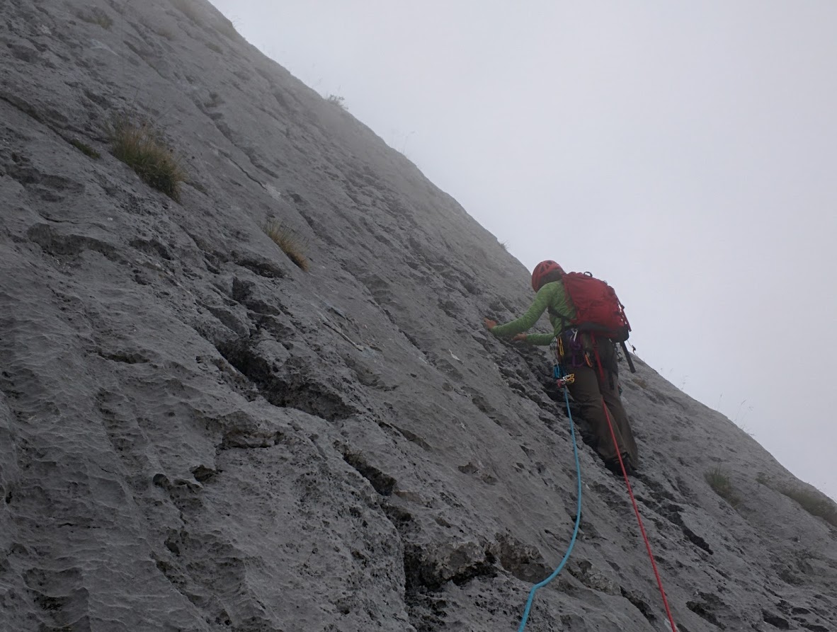 Christine, climbing off into the clouds, stuffing cams into eroded limestone.