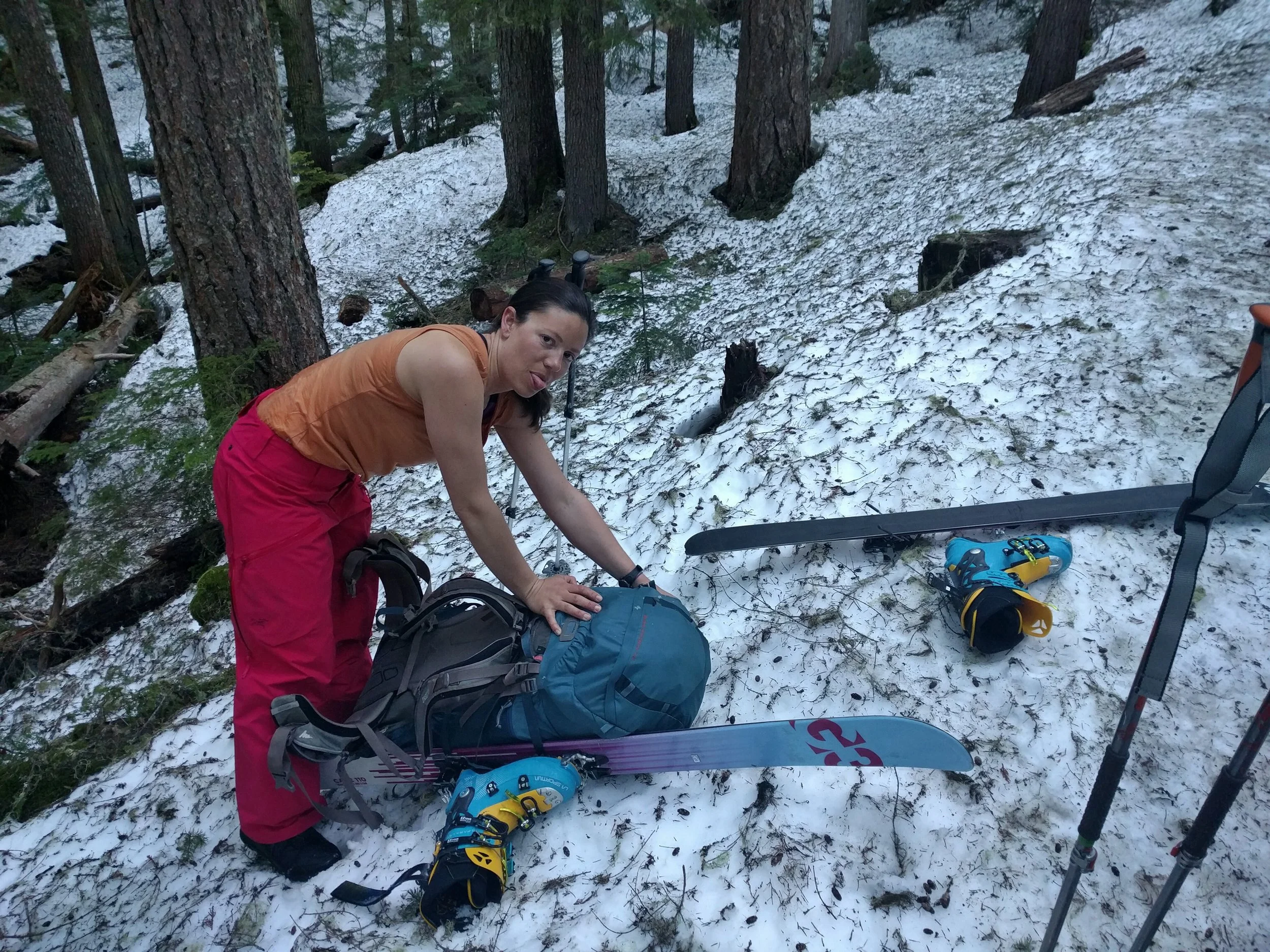 Christine, happy to finally be able to put her skis on in that virgin snow...