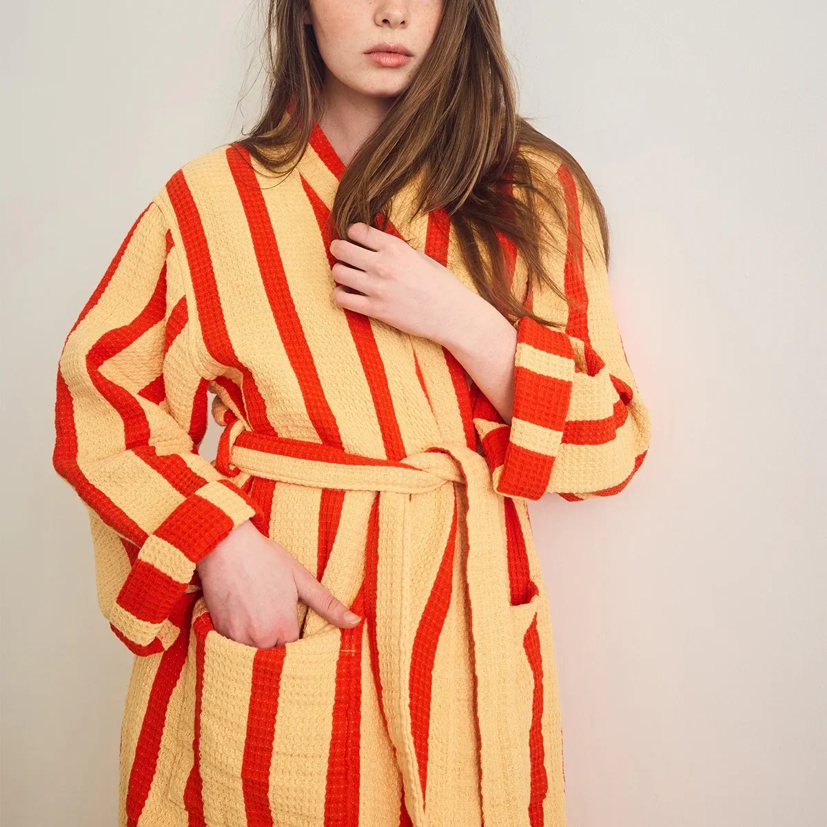 Dusen Dusen - Waffle Robe in Red Orange Stripe