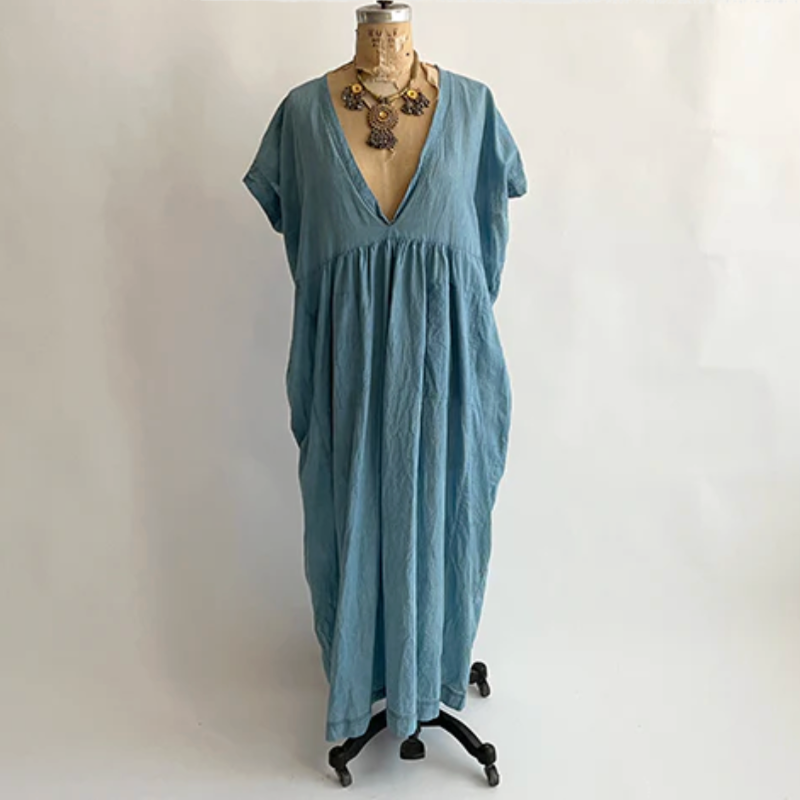 Auntie Oti - Indigo Print Long V Dress