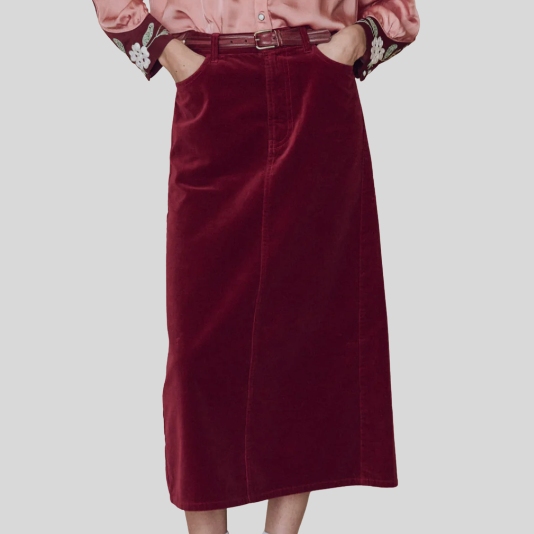The Great - The Velvet Column Skirt in Bordeaux