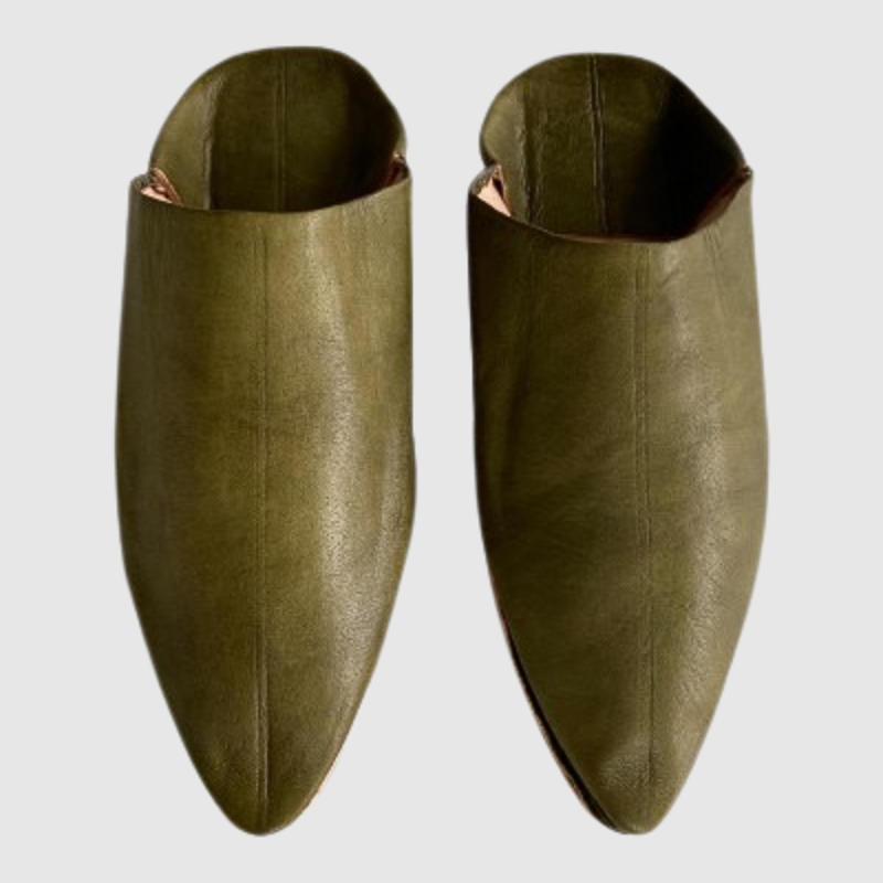 Bohemia - Leather Pointed Slippers in Olive Khaki