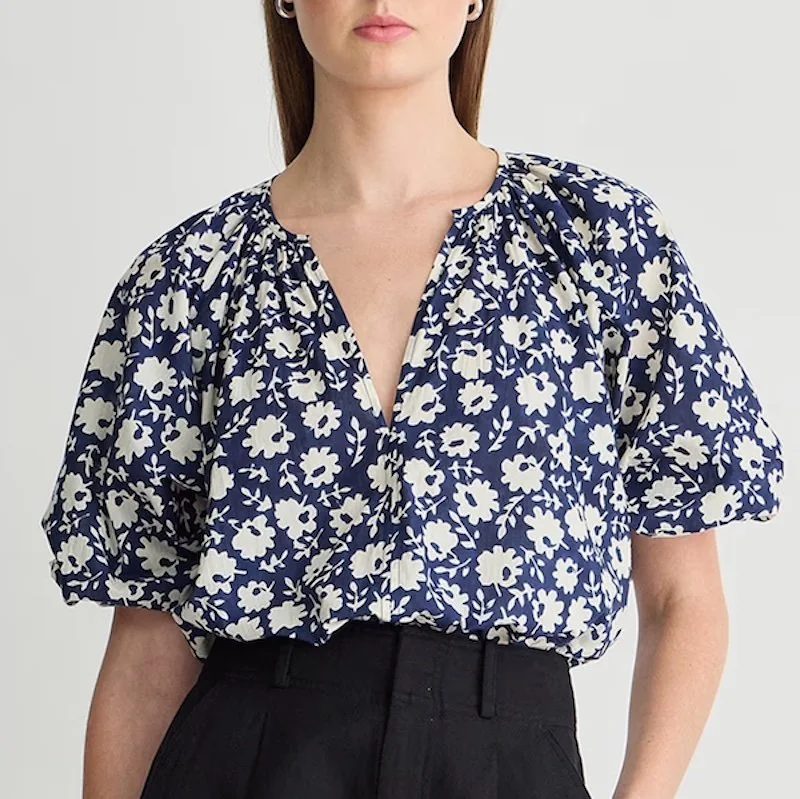 Apiece Apart - Nele Lantern Sleeve Top in Navy Floral Stamp