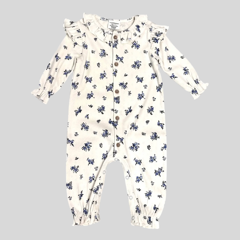 Viverano - Floral & Ruffled Pointelle Knit Baby Jumpsuit