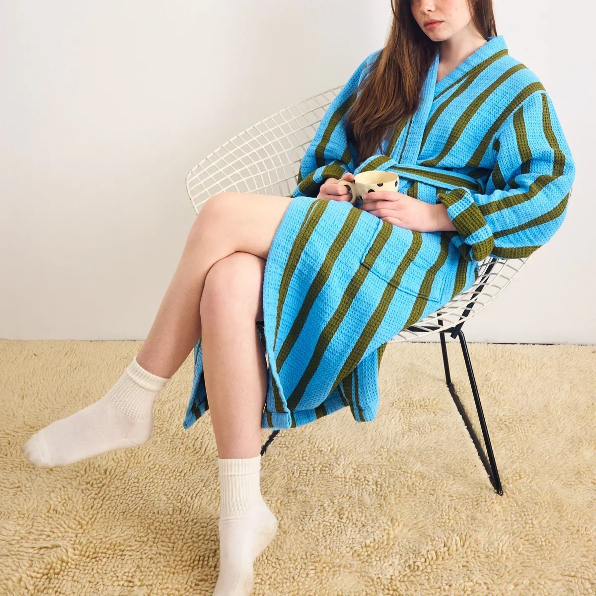 Dusen Dusen - Waffle Robe in Blue Green Stripe