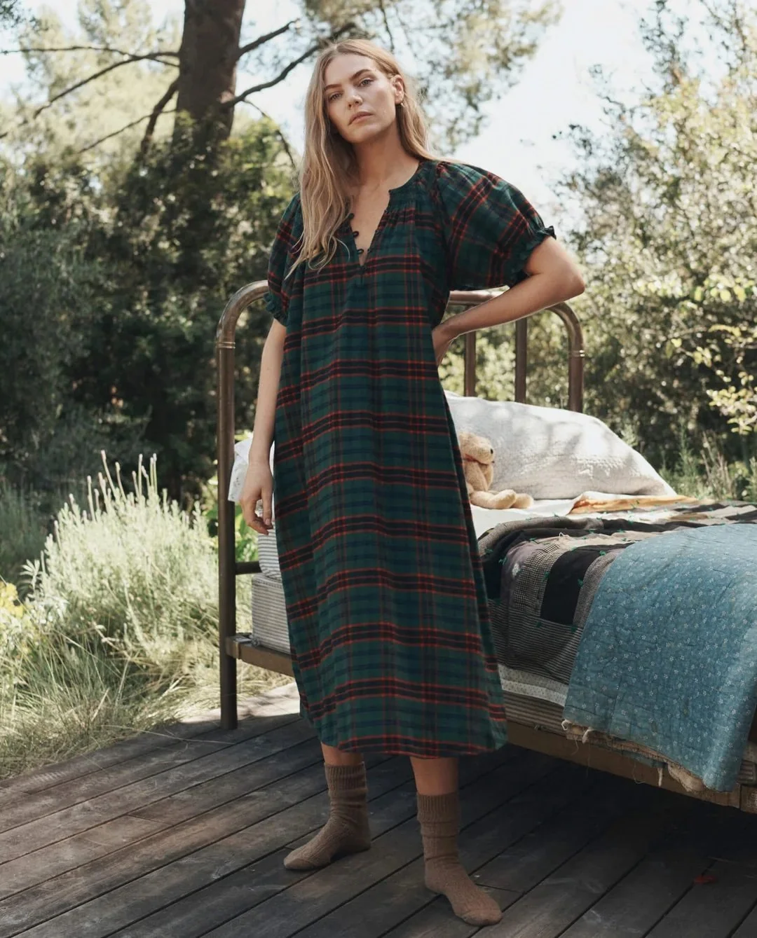 The Great - Flannel Smocked Sleep Dress