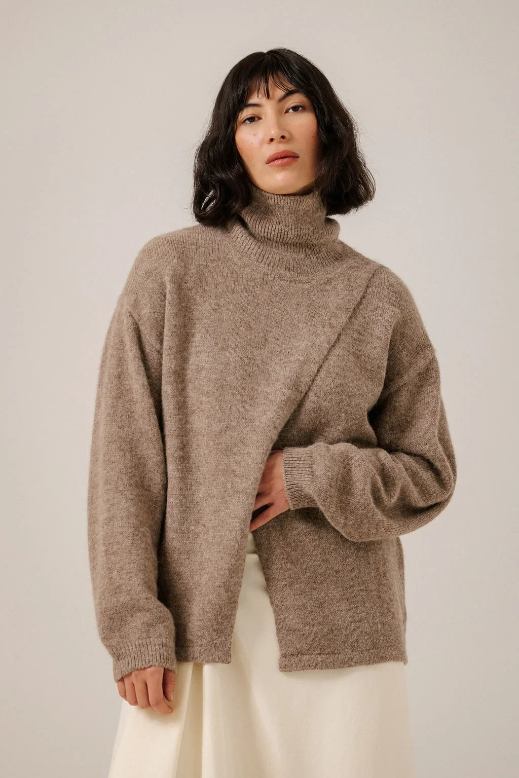 Bare Knitwear - Asymmetric Funnel Neck in Dark Fawn