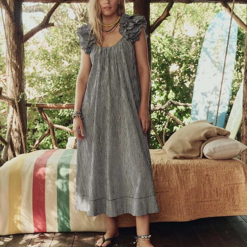 The Great - Ruffle Coverup in Black and Cream Gingham