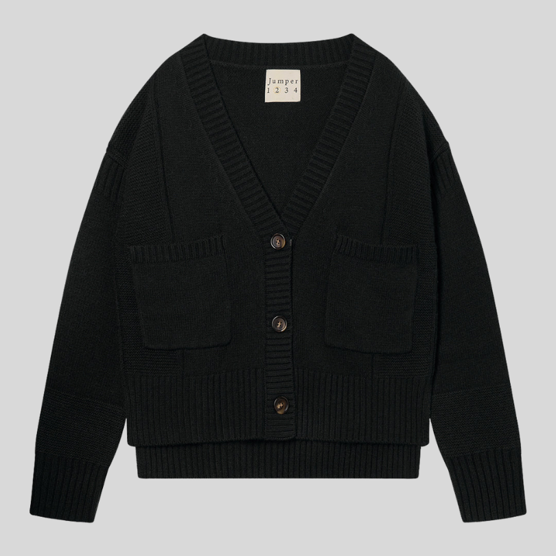 Jumper 1234 - Guernsey Cardigan in Black — Bosco's Mercantile