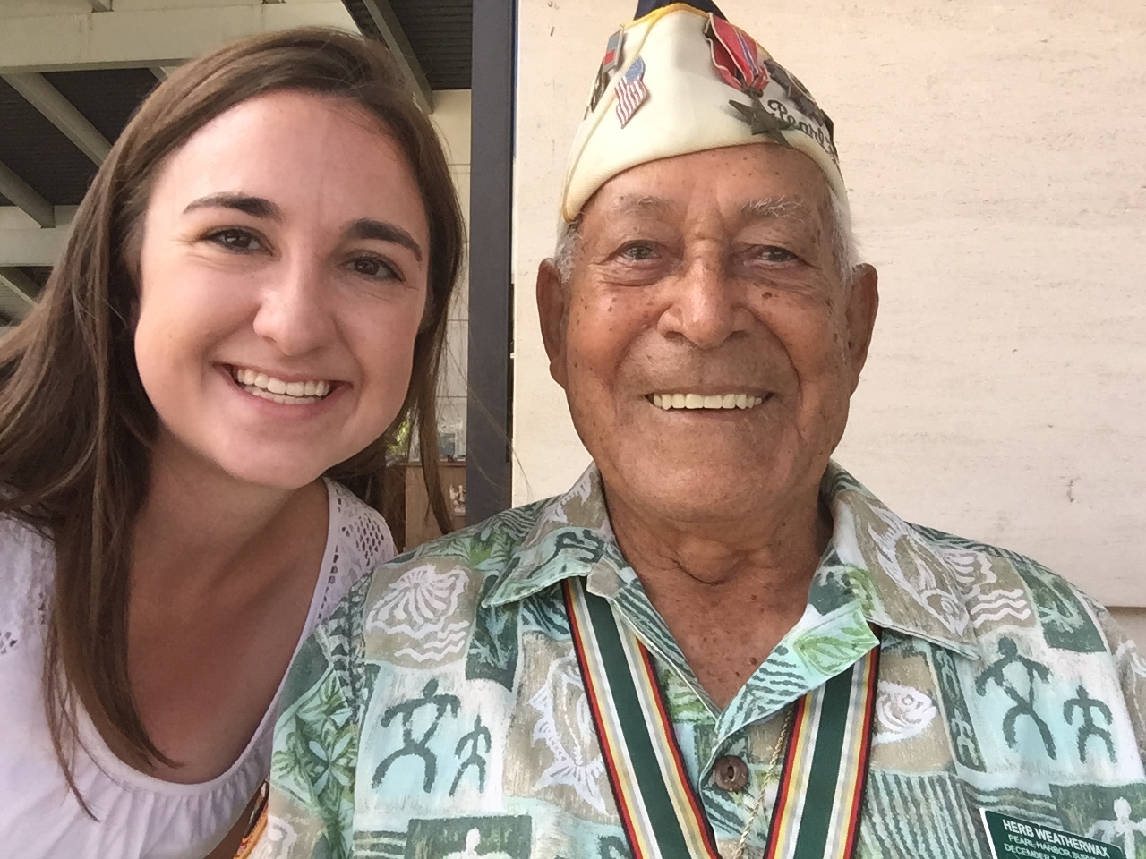Jenna with "Uncle" Herb, a Survivor of Pearl Harbor who went on to serve in WWII on the battlefields in Europe, who she met in Hawaii at the Pearl Harbor Memorial.