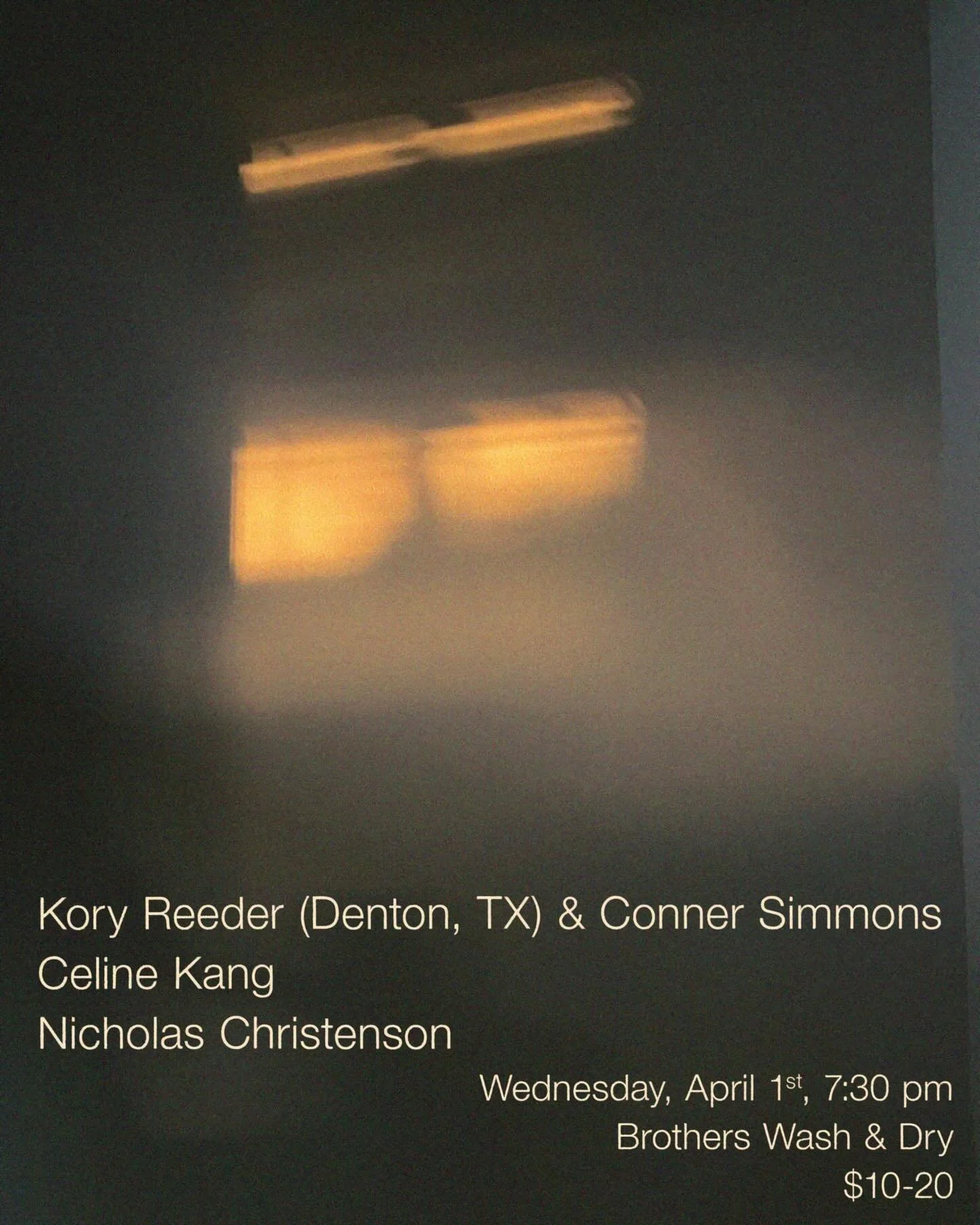 Wednesday, April 1 at @brotherswashanddry 

Very excited to have @koryreeder in town for a couple shows next week! First at the laundromat for a duo set, durational double basses and sine tone drones

Joined on the bill by solo sets from @celine_sy_ 