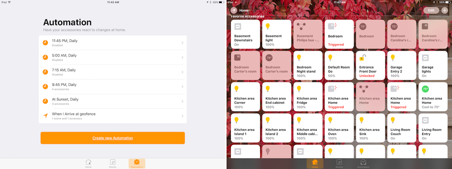 Automation and Home screens in the Home app