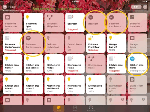 See the temperature in multiple rooms and change the temperature in the Home app.