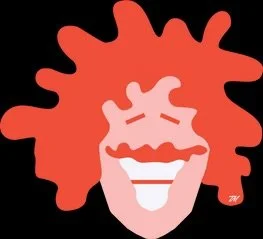 Cartoon clown face with red hair, white face paint, and a big smile.