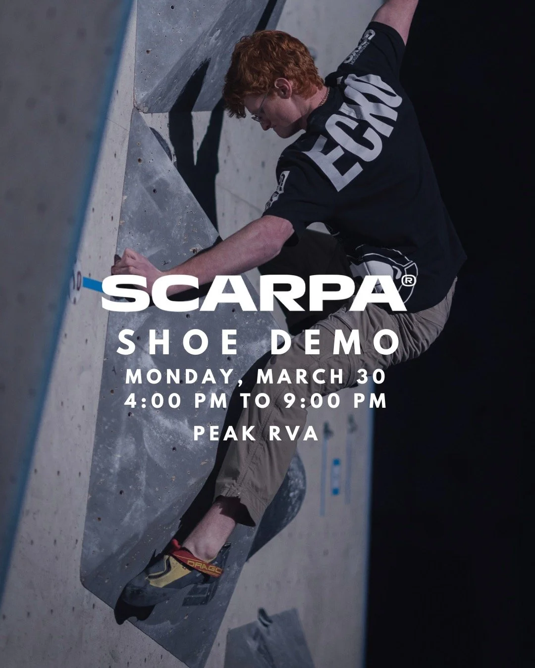 Wanna test drive a pair of Scarpa climbing shoes? Stop by Peak Richmond on Monday, March 30 and check out our Scarpa Shoe Demo! A brand representative will be present to answer any questions you may have. If you find a pair you like, you can place an