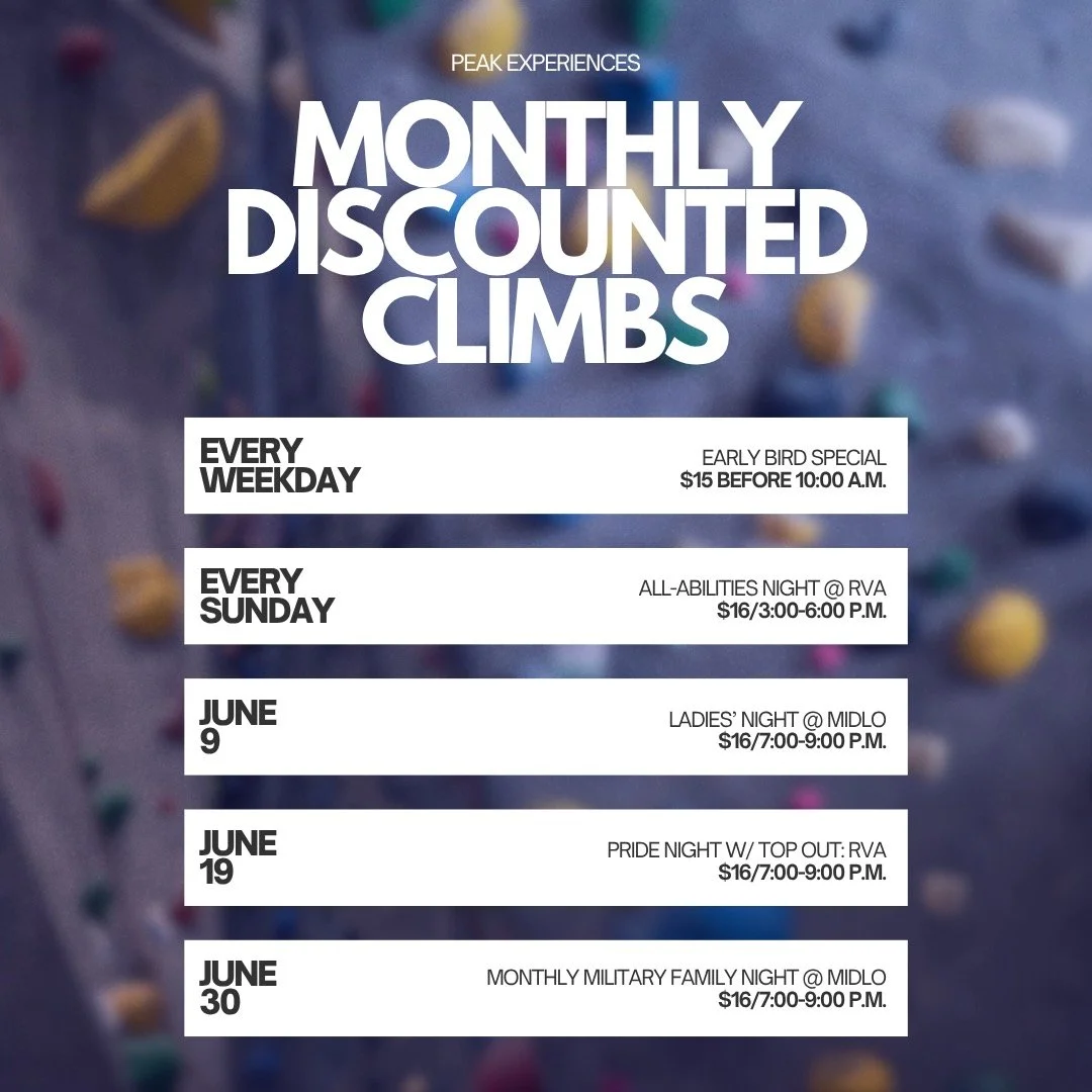 Happy June, friends! Here's a look at our upcoming monthly discounted climbs, so you can see what we've got planned. We've got some fun news for y'all in the next couple days, so stay tuned! Here's to the start of summer and a great month ahead 🌞 

