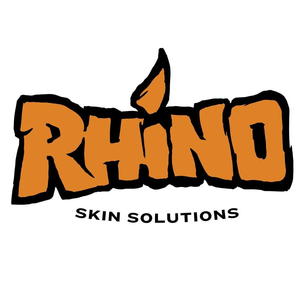 Logo for Rhino Skin Solutions, featuring the word 'RHINO' in bold, orange letters with a black outline, and a small horn above the letter 'I'.