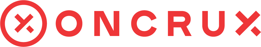Oncrux logo with stylized red globe and black and red text.