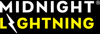 Midnight Lightning logo with bold white and yellow text on black background, featuring a lightning bolt.