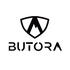 LOGO of Butora, a shoe brand, featuring a stylized mountain peak within a shield shape above the brand name.