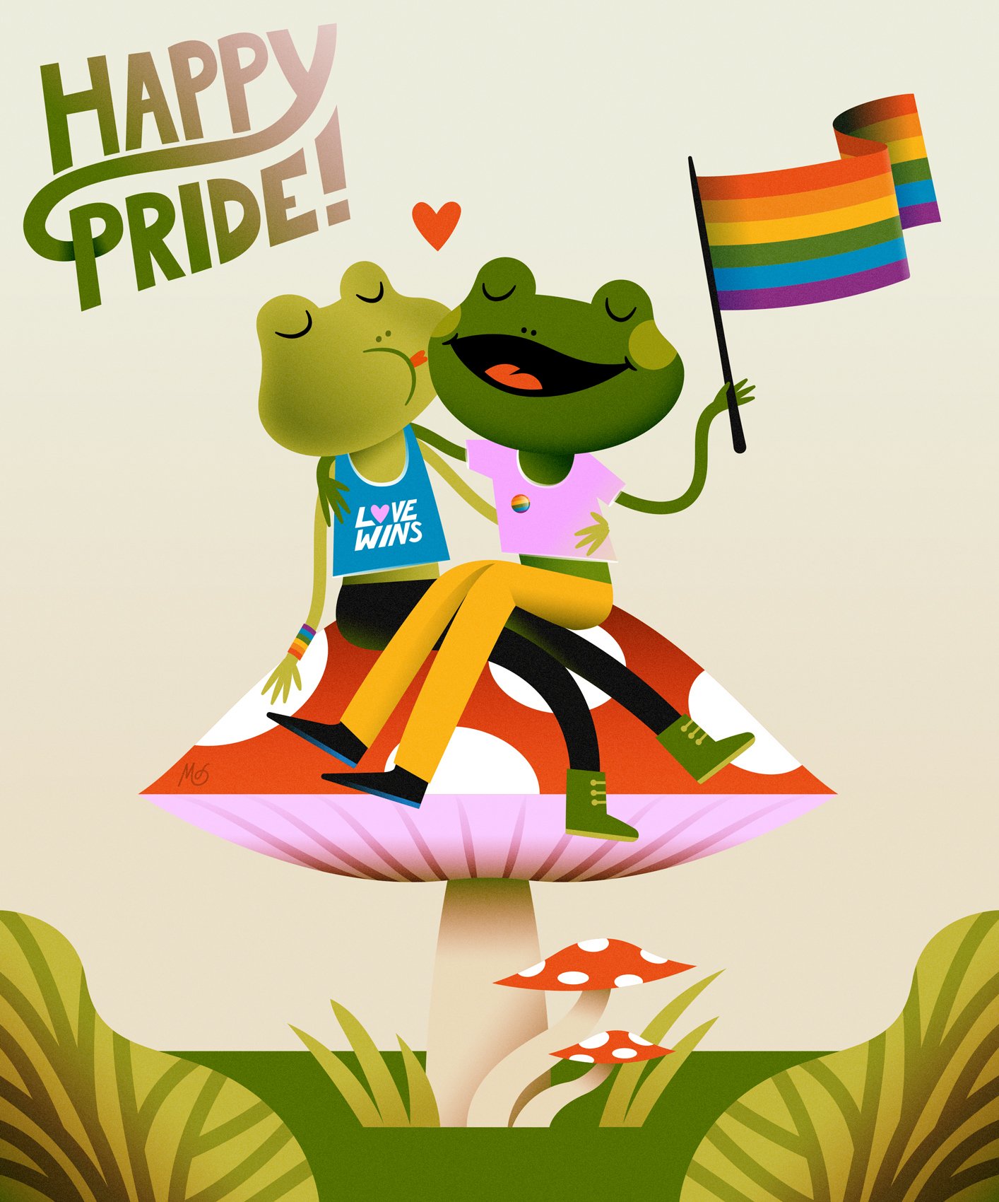 Two frogs celebrating pride sitting closely kissing on a mushroom and waving a pride flag.