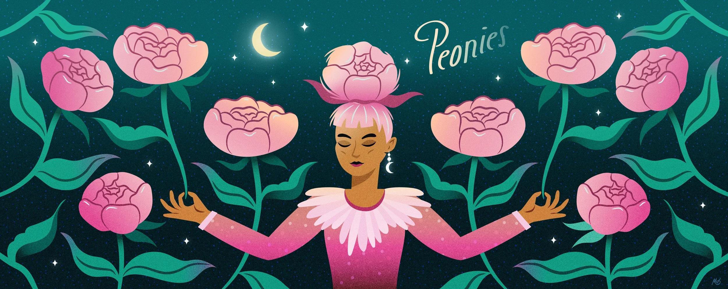 Woman meditating in a garden with peonies.