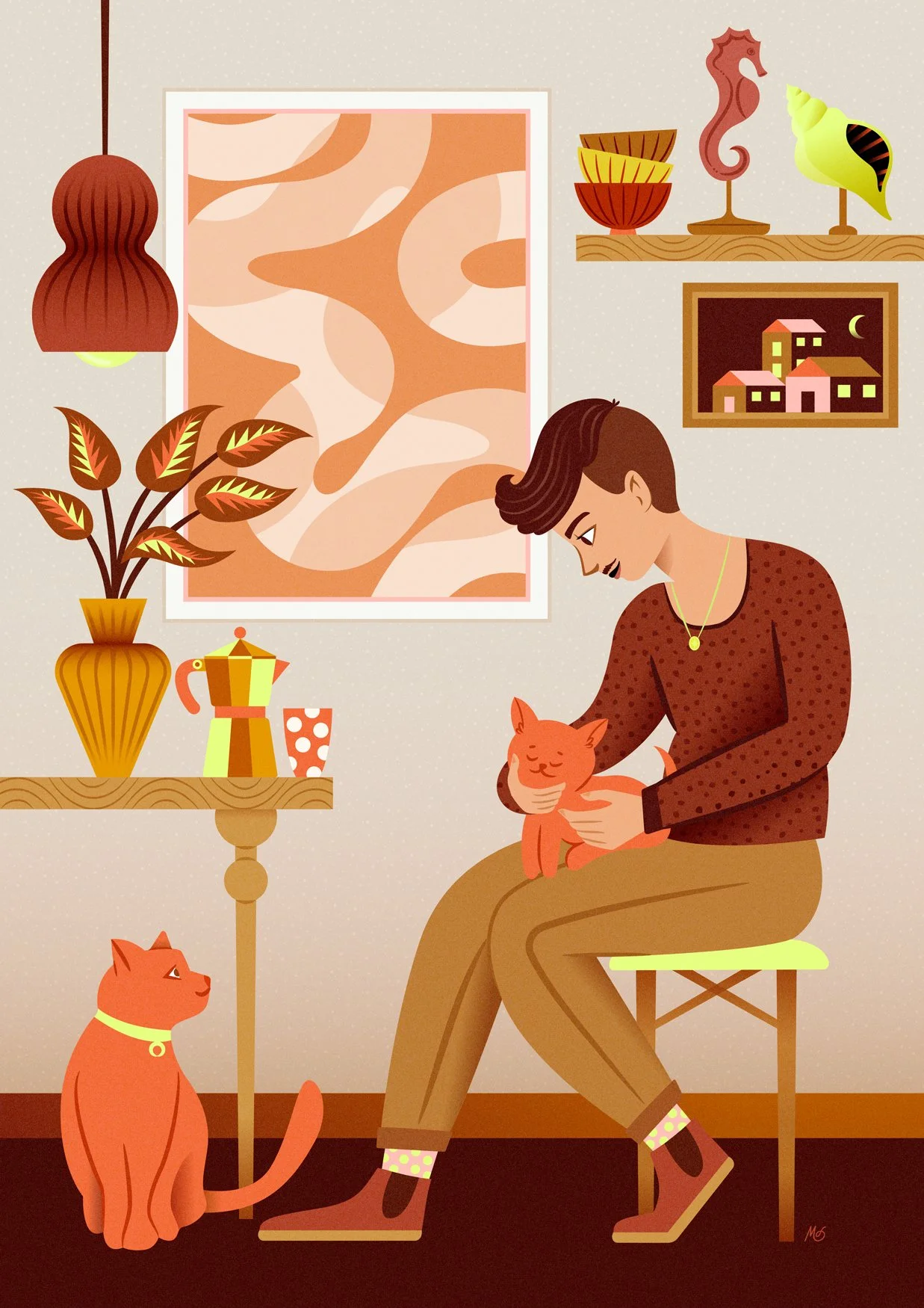 A guy with two cats at home.