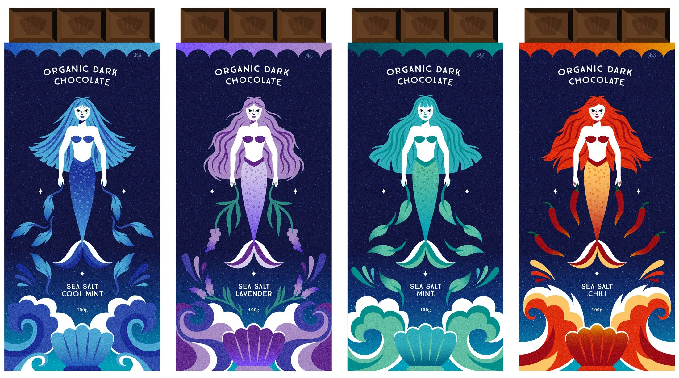 Mermaid chocolate packaging concept. Dark Chocolate with Sea Salt
