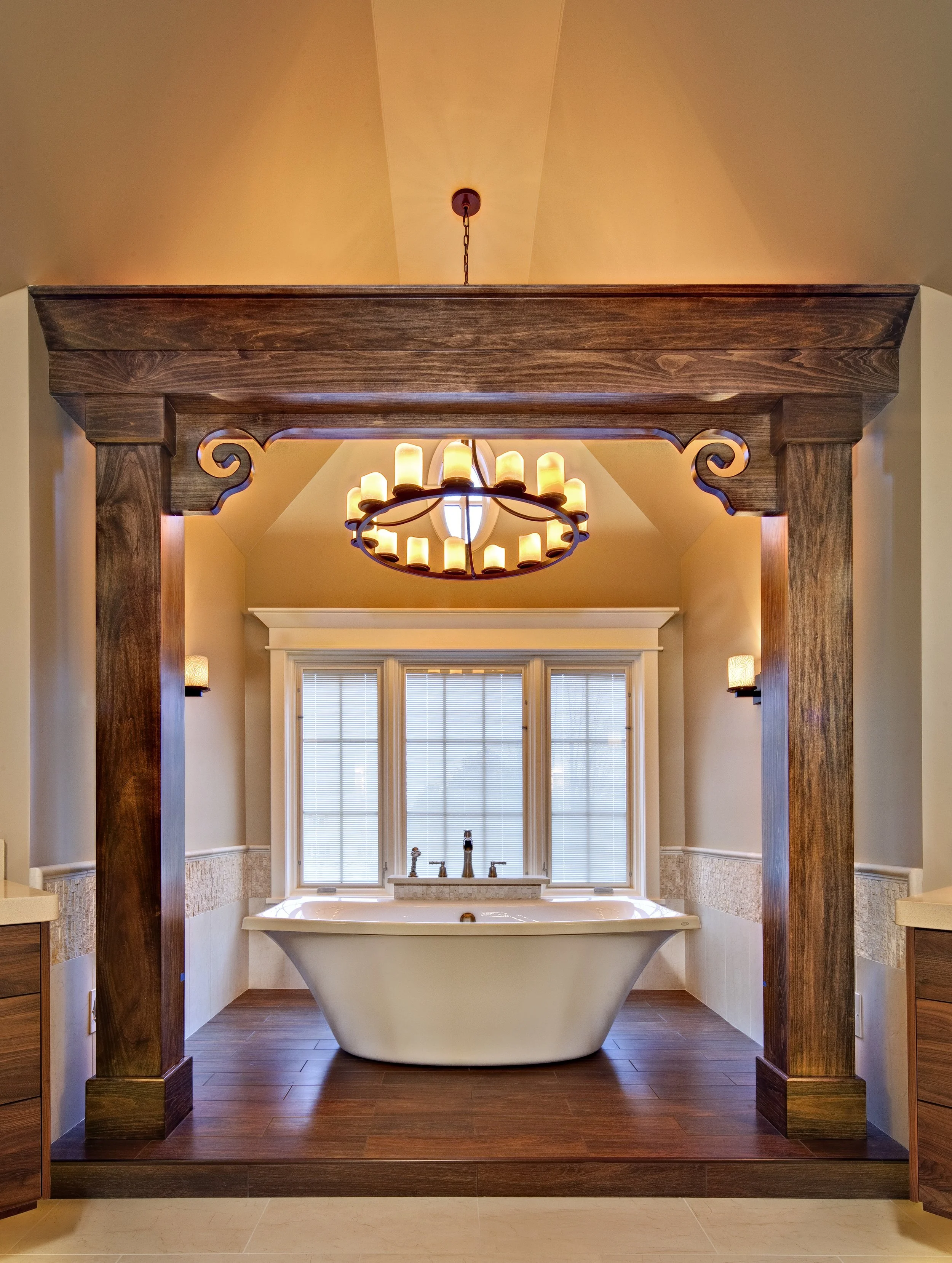 Kohler Freestanding Tub & Custom Wooden Trellis in this Luxury Barrington IL Bathroom Remodel